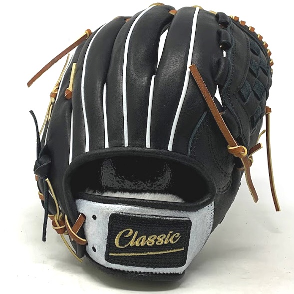 This classic pitcher or utility 12 inch baseball glove is made with black stiff American Kip leather with brown laces. Basket web for strength and closed web with open back, light weight, and stiff leather make this glove great for pitching, any position, or just playing catch.    5 stars on the side of the glove representing the 5 tools of great baseball players.  Speed Power Hitting for power Fielding Arm strength 