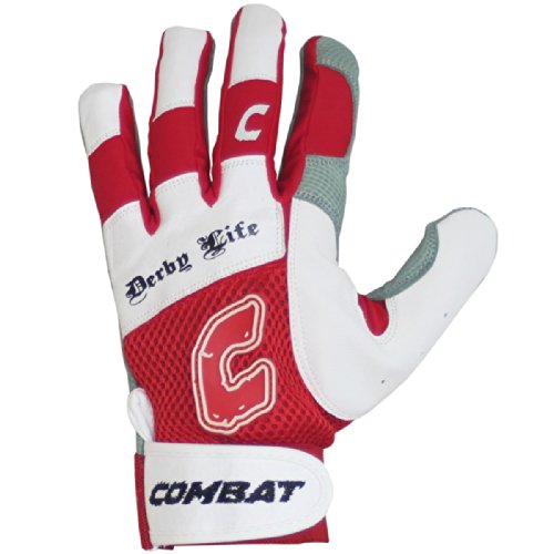 Combat Derby Life Adult Ultra Batting Gloves (Red, Medium) : Derby Life Ultra-Dry Mesh Batting Gloves from Combat feature ultra-dry mesh that repels moisture to keep your hands cool and dry. Diamond-Tech leather palm reinforces durability and improves grip. The ultra-fit fingers and flexible spandex allows for comfortable performance without restriction. Ultra Dry-Mesh Ultra Flex Spandex Diamond Leather Tech Palm Ultra-Fit Fingers