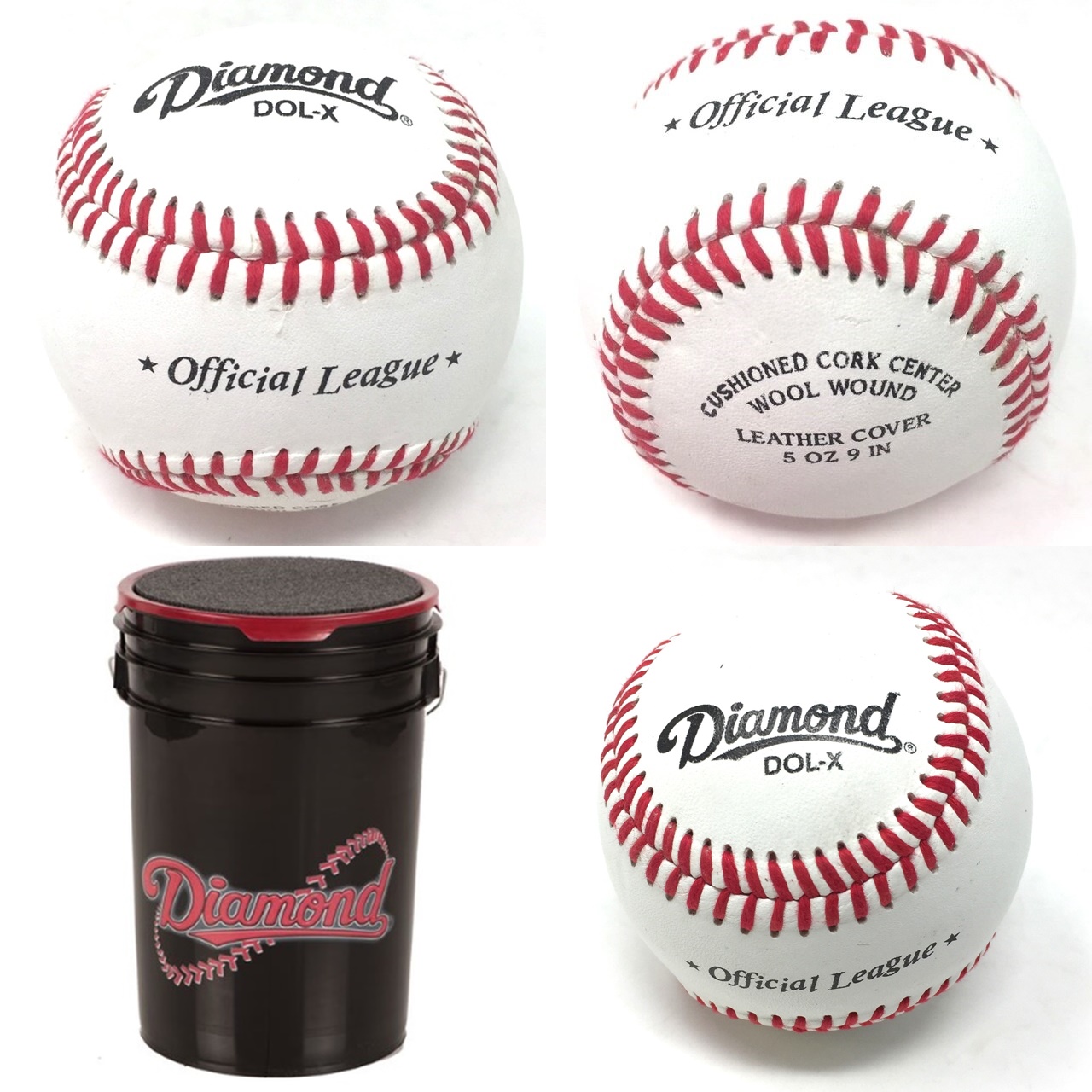 diamond-dol-x-official-baseballs-30-balls-and-bucket-leather DOLX-30-BUCKET Diamond Does Not Apply Leather Cover Cushioned Cork Center Wood Wound 5 oz 9 in