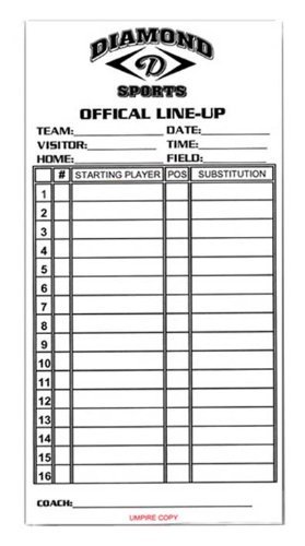 Diamond Softball Baseball Lineup Cards WHITE PACKAGED IN SETS OF 25 : Diamond Softball Baseball Lineup Cards Model: Lineup Card Features: Four part form Marked for each: Umpire, Official Scorekeeper, Opponent and Dugout Packaged in sets of 25