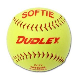 The D-11 Softie slow pitch practice softball is composed of a high-impact cork center with cover-to-core bonding process. The ball is wrapped in a yellow synthetic cover with red stitching.