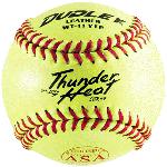 Thunder Heat Series. ASA Fast Pitch. Top grade Yellow leather cover with Red stitch. Unique gluing process that bonds cover to poly core. COR: .47 Compression: 375 lbs. Size: 11. Sold in dozens. Maximum liveliness at legal association specifications. THE BALL for fast pitch. Size: 11 Thunder Heat Series Top grade Yellow leather cover with Red stitch. Top grade Yellow leather cover with Red stitch Unique gluing process that bonds cover to poly core.