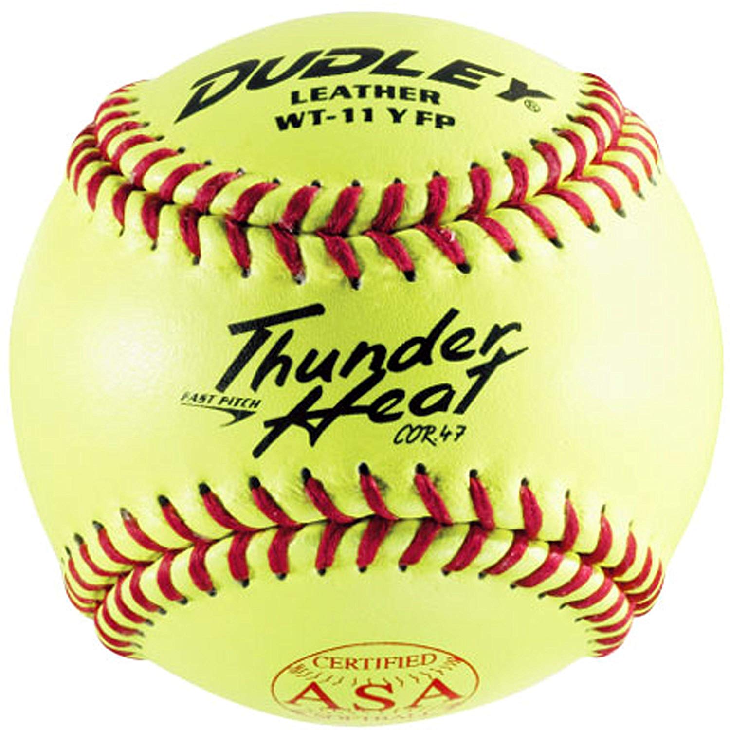 Thunder Heat Series. ASA Fast Pitch. Top grade Yellow leather cover with Red stitch. Unique gluing process that bonds cover to poly core. COR: .47 Compression: 375 lbs. Size: 11. Sold in dozens. Maximum liveliness at legal association specifications. THE BALL for fast pitch. Size: 11 Thunder Heat Series Top grade Yellow leather cover with Red stitch. Top grade Yellow leather cover with Red stitch Unique gluing process that bonds cover to poly core.