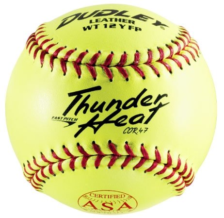 Dudley Thunder Heat Dual Stamp ASA-NFHS Fastpitch Softballs 47 Cor (1 dozen) : Thunder Heat Series Fast Pitch. Stamped with ASA and NFHS Logo. Fast Pitch Top grade Yellow leather cover with Red Stitch. Unique gluing process that bonds cover to poly core. COR: .47, Compression: 375 lbs.