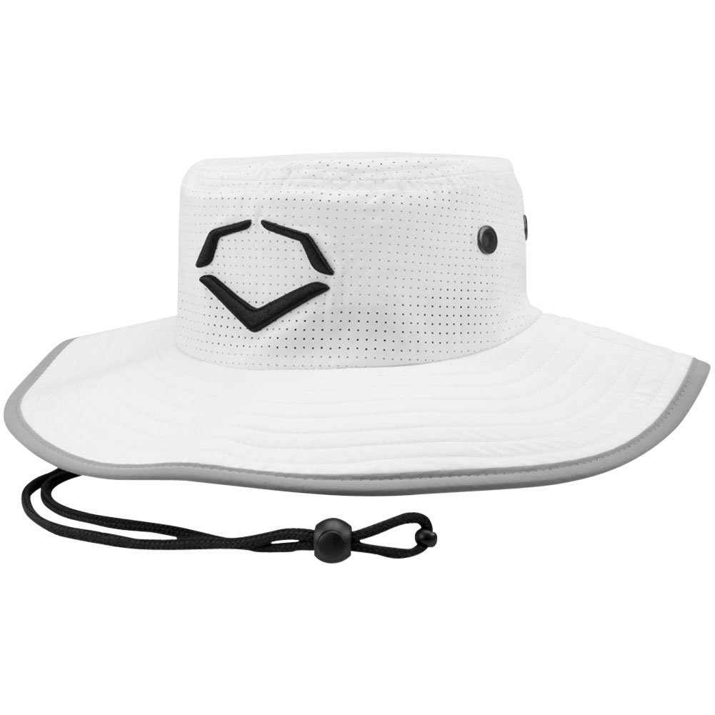 100% Polyester Imported Embroidered EvoShield logo at front Adjustable strap for comfortable fit One size fits most. Train like a Pro: keep the sun out of your eyes and off your face with the EvoShield bucket cap. Worn by athletes and coaches across the country.