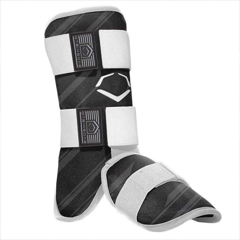 evoshield-mlb-batters-speed-stripe-leg-guard-black-adult 2046110003  840041114775 Custom-molding gel-to-shell protective leg shield and protective foot shield begin soft