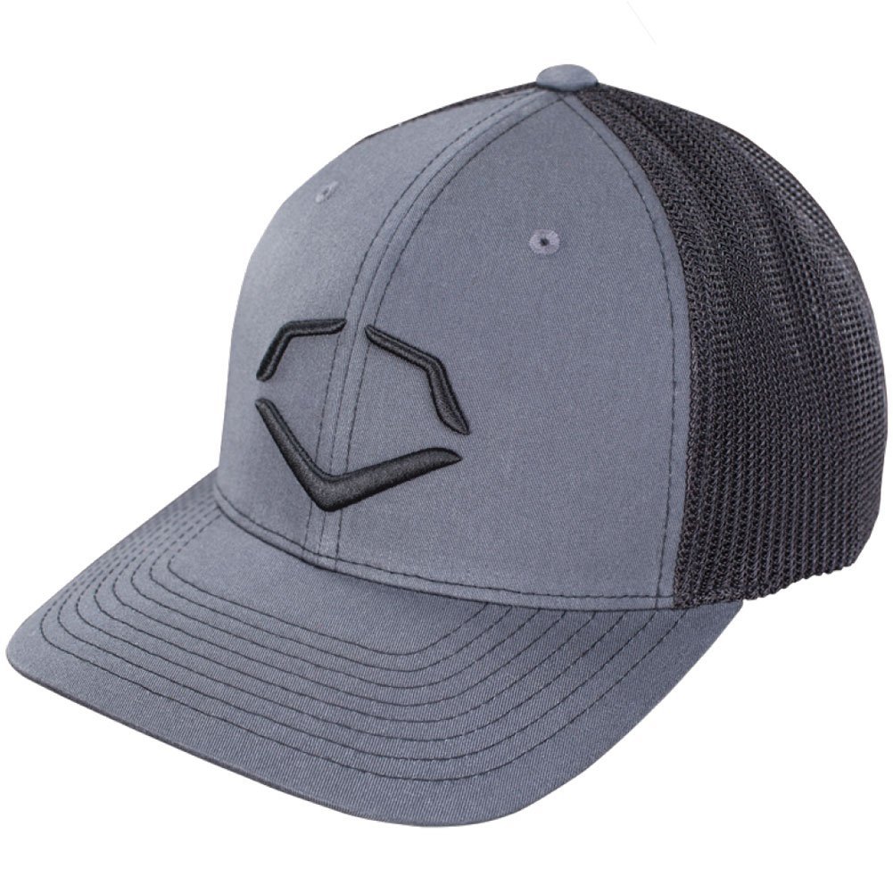 56% Polyester42% Cotton2% SPANDEX   Imported   Flex-fit trucker hat   Embroidered logo on front   Breathable mesh on back   Available in: s-m (7 - 7 14) and l-xl (7 38 - 7 58)   Evoshield's Trucker hat offers a breathable mesh back to keep you cool and a patented FlexFit band to keep you comfortable. This style features the graphite embroidered EvoShield logo with stitching to match.