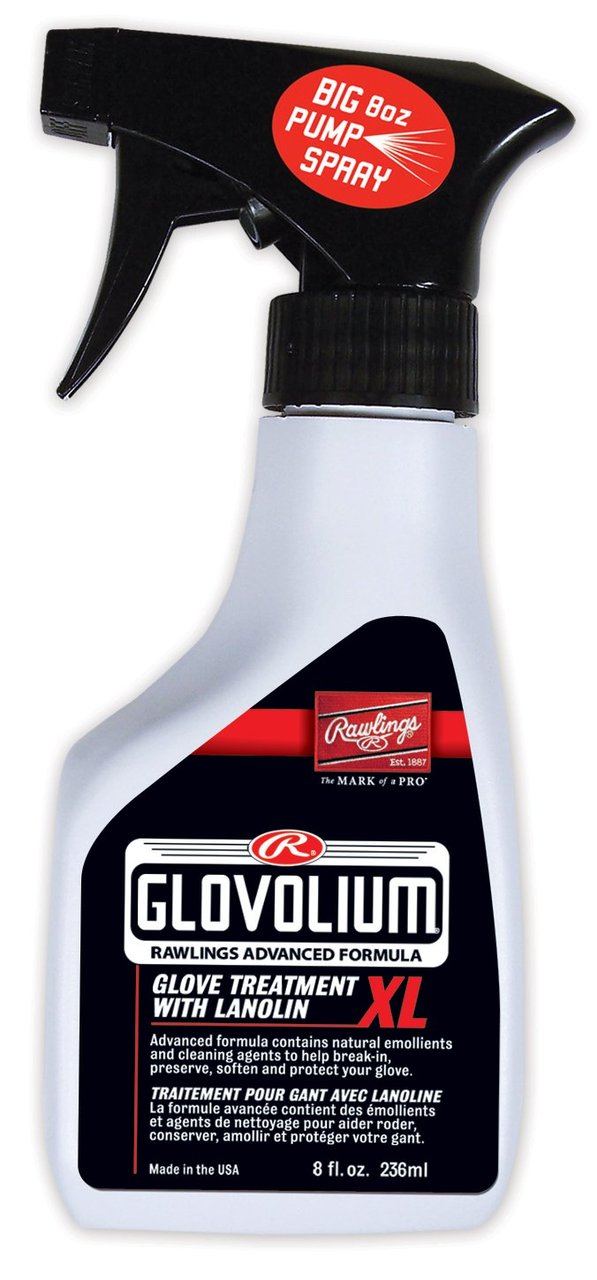 Glovolium goes Extra Large. Introducing the worlds first 8 oz size baseball glove oil with trigger sprayer. Now the best selling glove treatment in baseball comes in a double size ergonomically styled trigger spray bottle. Oil an entire glove in seconds by squeezing off a few quick blasts on the trigger. Great for new gloves and ball players on the go.