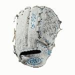 12.75 outfield glove Closed weave web Memory foam wrist lining White and Aqua blue Female-specific patterns Needing minimal break-in and designed with memory foam wrist lining and patterns specific to female athletes