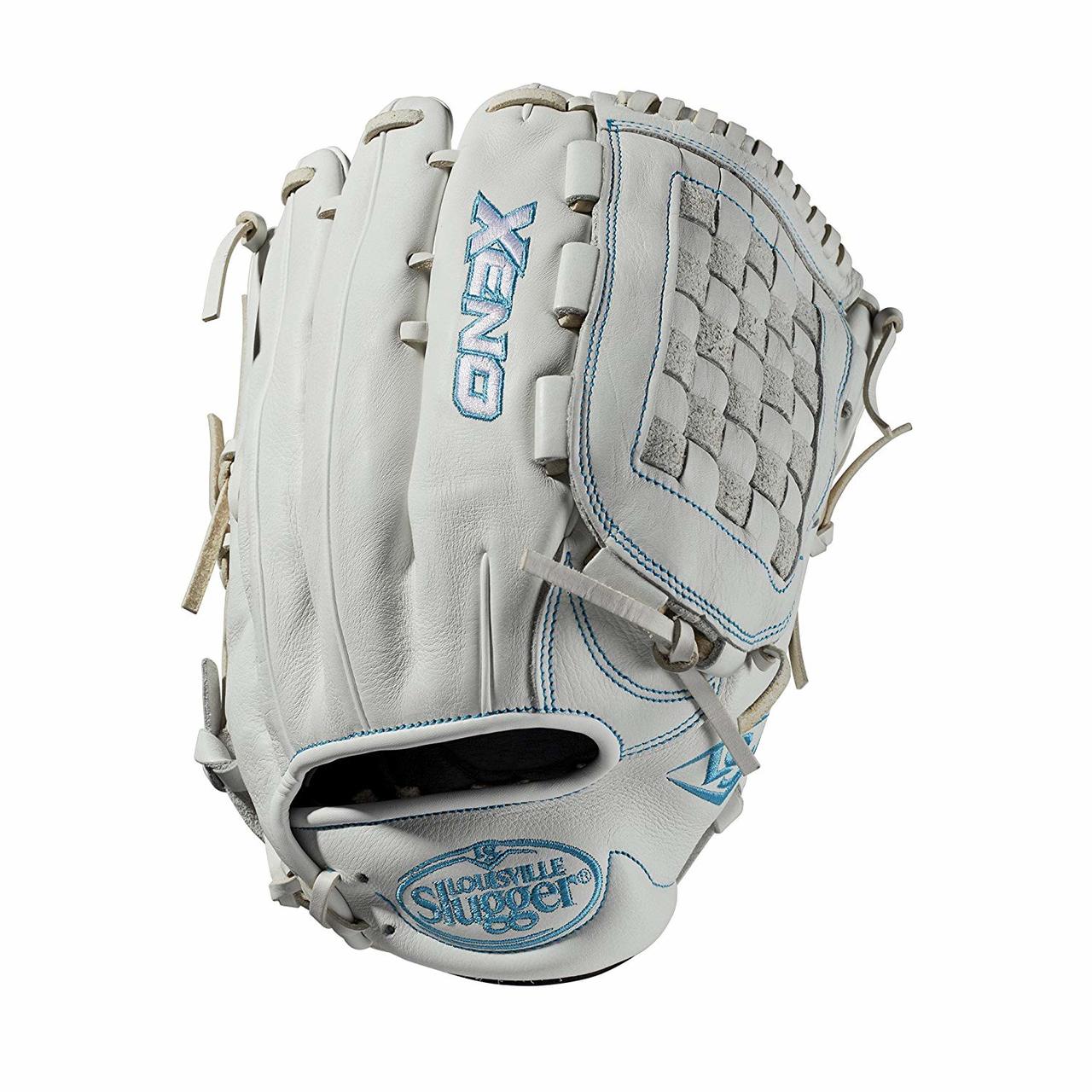 12.75 outfield glove Closed weave web Memory foam wrist lining White and Aqua blue Female-specific patterns Needing minimal break-in and designed with memory foam wrist lining and patterns specific to female athletes