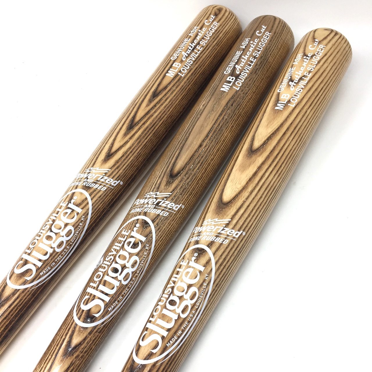 34 inch wood baseball bats by Louisville Slugger. MLB Authentic Cut Ash Wood. 34 inch. Lizard Skin Grip. Powerized and Bone Rubbed. 3 bats in this bat pack.