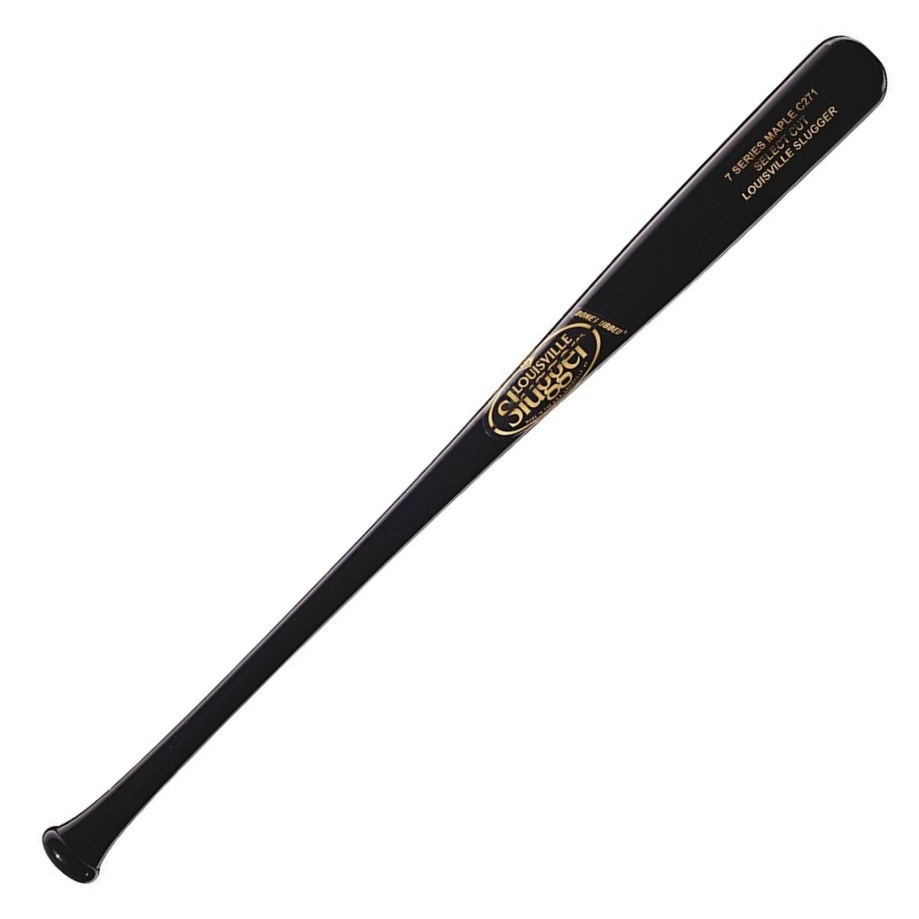 Louisville Slugger 2018 Select Cut Series 7 C271 Maple Wood Baseball Bat Louisville Slugger's most popular turning model at the Major League level, made with an all Black finish with metallic gold branding. The C271 is the base model used to create all medium-barrel turning models and uses Louisville Slugger's densest starting billet, giving this model consistent hardness. A standard handle, medium barrel and max knob taper create a versatile bat conducive to power hitters and contact hitters alike. Bat Specifications Wood: Maple Finish: Black High Gloss Handle: Thick Barrel: Medium Turning Model: C271 Cupped: YES Bone Rubbed: YES Swing Weight Scale: 1 (Most Balanced)