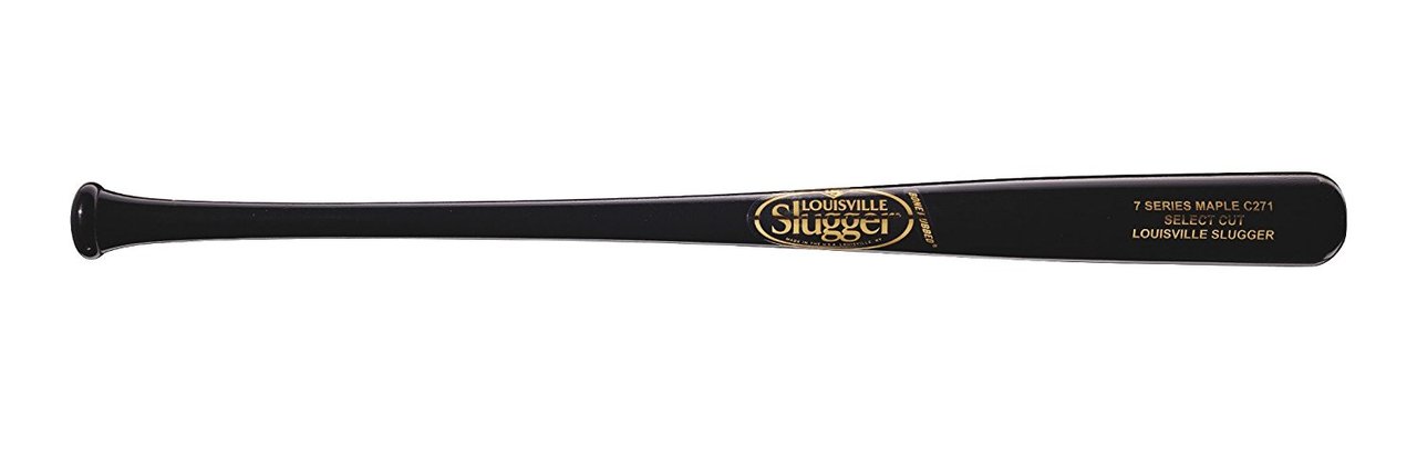 Louisville Slugger 2018 Select Cut Series 7 C271 Maple Wood Baseball Bat Louisville Slugger's most popular turning model at the Major League level, made with an all Black finish with metallic gold branding. The C271 is the base model used to create all medium-barrel turning models and uses Louisville Slugger's densest starting billet, giving this model consistent hardness. A standard handle, medium barrel and max knob taper create a versatile bat conducive to power hitters and contact hitters alike. Bat Specifications Wood: Maple Finish: Black High Gloss Handle: Thick Barrel: Medium Turning Model: C271 Cupped: YES Bone Rubbed: YES Swing Weight Scale: 1 (Most Balanced)