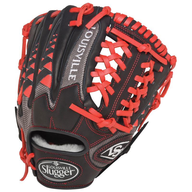 11.50 Inch Pattern Colorway Black Grey Scarlet Red Conventional Open Back Dye-Through Lacing for Added Durability Full Leather Finger Linings Hybrid Leather Design - Top-Grade Leather Combined with Performance Mesh Back Infield Model Kanga Weave - Adds Structure to Mesh without Adding Excess Weight Modified Trap Web Professional-Grade Oil-Treated Steerhide Leather Palm and Web Zero-Gravity Performance Mesh Back - Offers Quicker Break-In and Ultra Lightweight Feel