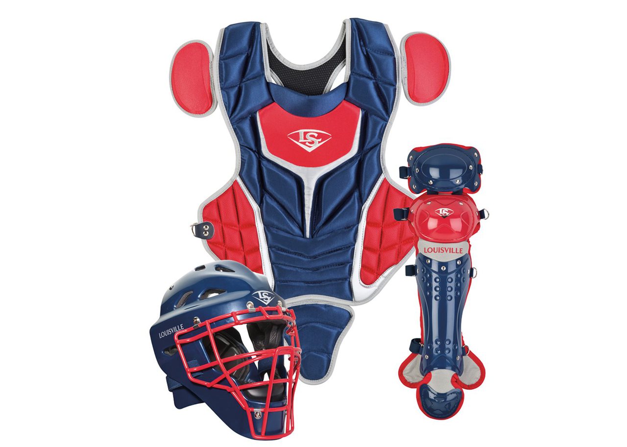 louisville-slugger-intermediate-pg-series-5-catchers-set-navy-scarlet PGS514-STINS Louisville 044277012564 Made from extra-tough lightweight materials that keep you protected while easily