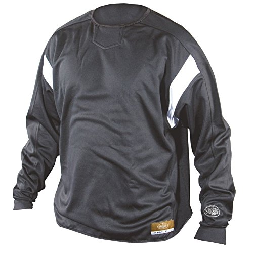Louisville Slugger Mens LS1455 Cold Weather Dugout Pullover Shirt Grey : Louisville Slugger Cold Weather Pullover shirt has white spandex elasctic fabric in should area. X-DRY moisture management system. Louisville Slugger oval on left sleeve cuff. Secondary logo on back of neck. Polyester 250 GSM brushed inside.