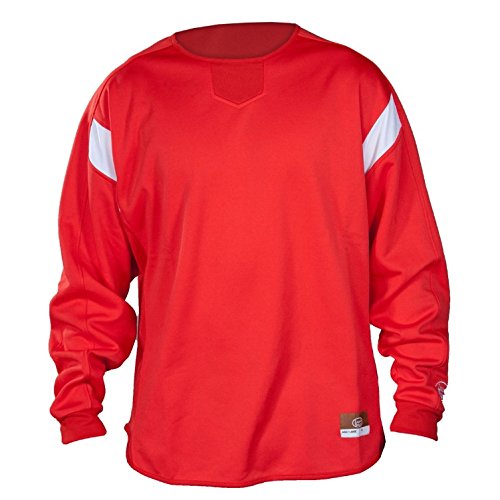 Louisville Slugger Mens LS1455 Cold Weather Dugout Pullover Shirt Red : Louisville Slugger Cold Weather Pullover shirt has white spandex elasctic fabric in should area. X-DRY moisture management system. Louisville Slugger oval on left sleeve cuff. Secondary logo on back of neck. Polyester 250 GSM brushed inside.