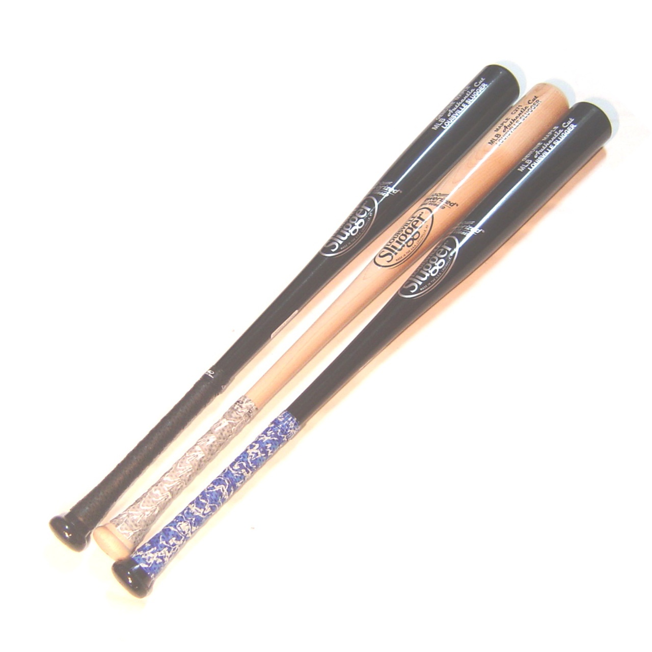 Gloss finish MLB cut maple wood bat 3 pack with lizard skin grips.