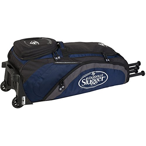 Player Bag by Louisville Slugger with high rise wheel chassis. Single wind design. Gear Hammock for extra storage. Thermal insulated bottle holder. 2 Durable J-style fence hooks. 35 x 13.5 x 12.