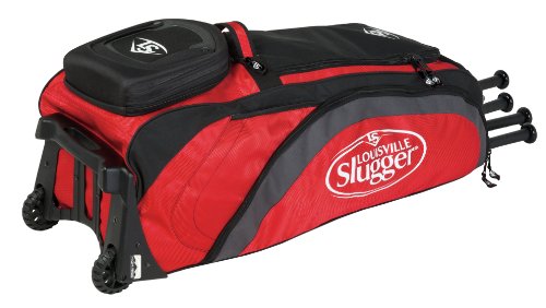 Player Bag by Louisville Slugger with high rise wheel chassis. Single wind design. Gear Hammock for extra storage. Thermal insulated bottle holder. 2 Durable J-style fence hooks. 35 x 13.5 x 12.