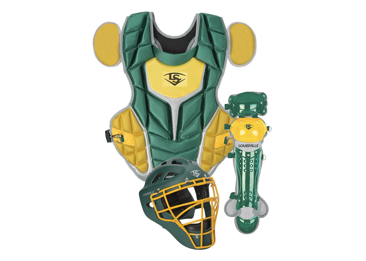 louisville-slugger-series-5-3-piece-catchers-set-intermediate-dk-green-vegas-gold PGS514-STIDV Louisville 044277134884 Made from extra-tough lightweight materials that keep you protected while easily