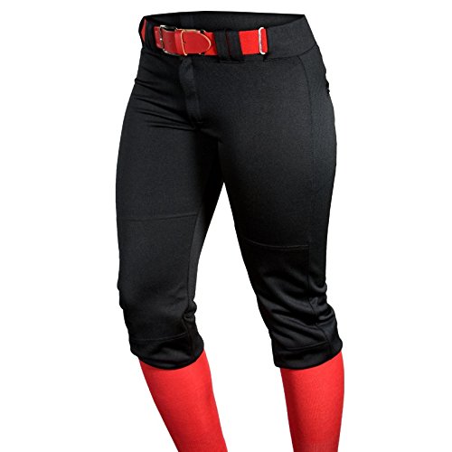 Louisville Slugger Womens Fast Pitch OKC Low Rise Softball Pants Black : Womens Fast Pitch Pants with 2-inch elastic waistband with drawstring and belt loops. Two snapsand a brass zipper. Two set-in welt pockets. Double knee. Womens graded inseam knickers length. Lousivlle Slugger oval on back belt loop. 100% double-knit polyester warp knit heavy pro weight 280 GSM. 300 fabric weight.