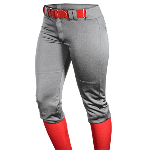 Louisville Slugger Womens Fast Pitch OKC Low Rise Softball Pants Grey : Womens Fast Pitch Pants with 2-inch elastic waistband with drawstring and belt loops. Two snapsand a brass zipper. Two set-in welt pockets. Double knee. Womens graded inseam knickers length. Lousivlle Slugger oval on back belt loop. 100% double-knit polyester warp knit heavy pro weight 280 GSM. 300 fabric weight.