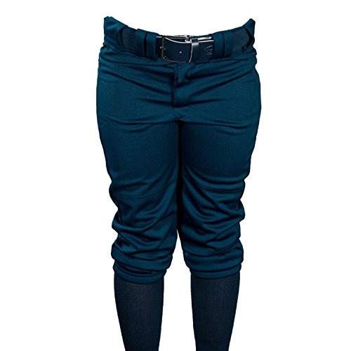 Louisville Slugger Womens Fast Pitch OKC Low Rise Softball Pants Navy : Womens Fast Pitch Pants with 2-inch elastic waistband with drawstring and belt loops. Two snapsand a brass zipper. Two set-in welt pockets. Double knee. Womens graded inseam knickers length. Lousivlle Slugger oval on back belt loop. 100% double-knit polyester warp knit heavy pro weight 280 GSM. 300 fabric weight.