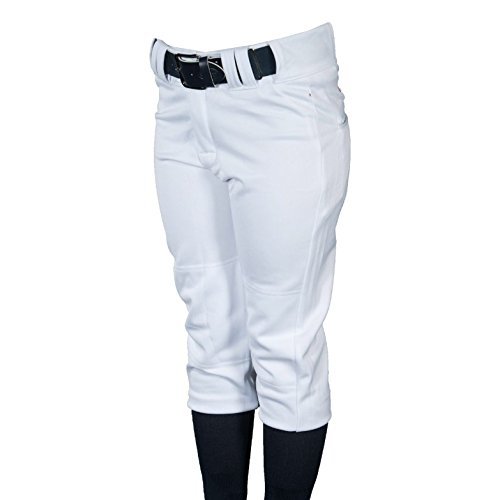 Louisville Slugger Womens Fast Pitch OKC Low Rise Softball Pants White : Womens Fast Pitch Pants with 2-inch elastic waistband with drawstring and belt loops. Two snapsand a brass zipper. Two set-in welt pockets. Double knee. Womens graded inseam knickers length. Lousivlle Slugger oval on back belt loop. 100% double-knit polyester warp knit heavy pro weight 280 GSM. 300 fabric weight.