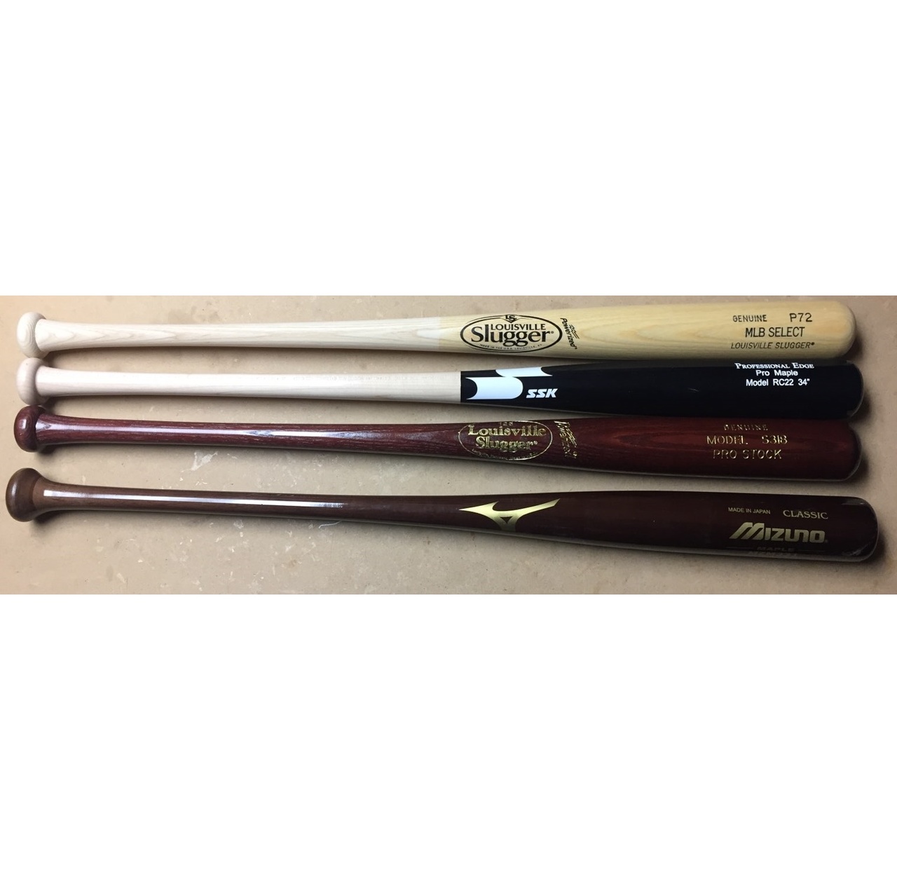 louisville-slugger-wood-bat-pack-34-inch-4-bats BATPACK-0004 Louisville  SSK Pro Maple with small scratch. MLB Select P72. S318 Pro