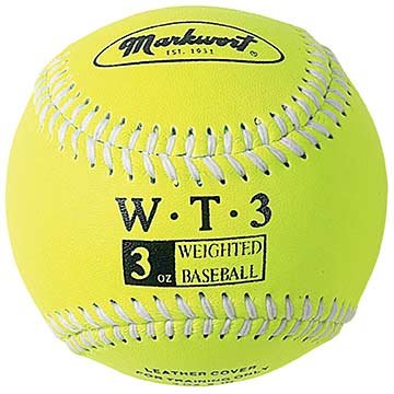 Markwort Weighted 9 Leather Covered Training Baseball (3 OZ) : Build your arm strength with Markwort training weighted baseballs. As you train gradually increase the weight of the ball as you build strength in your throwing arm. Color coded cover indicates the ball weight. Weighted baseballs are 9 inch circumference with varying weights. Leather cover, white stitching. Weighted core. Size of regulation baseballs are 9 and 5 oz.