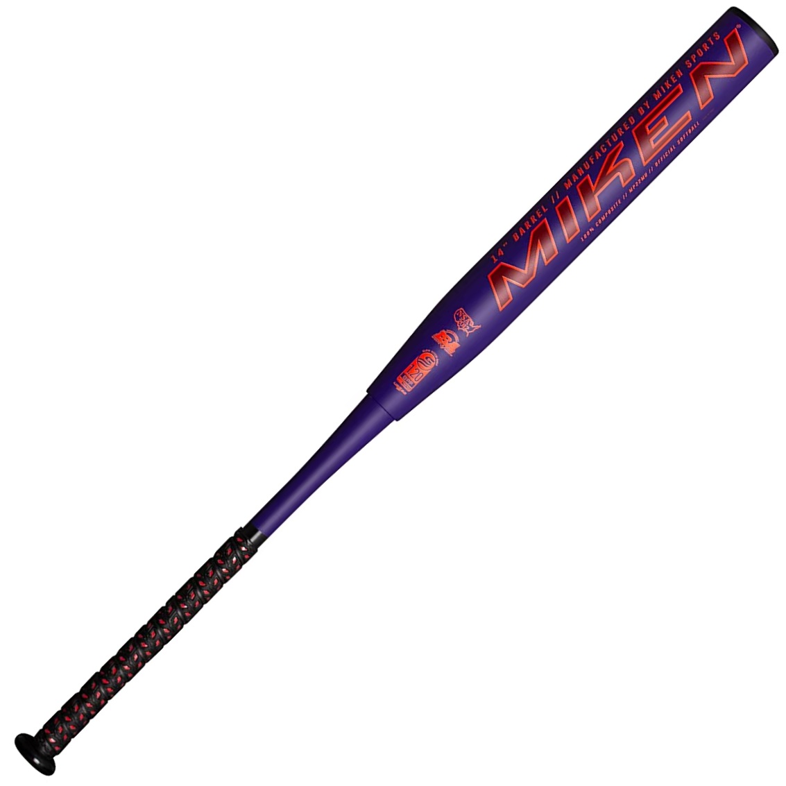 Miken Freak Primo Maxload USSSA Slowpitch Softall Bat  The Miken Freak Primo Maxload slow pitch softball bat is a top-of-the-line piece of equipment for serious softball players. With a barrel diameter of 2 1/4 inches and a barrel length of 14 inches, this bat is designed to deliver a slightly end-loaded swing feel, thanks to Miken's 1/2 Ounce Maxload. The two-piece, all-composite design is certified by USSSA (New NTS Tested | 240 Compression), NSA, and ISA, ensuring that it meets the highest standards for performance and quality. The bat comes in a bold purple and red colorway. The C4 Carbon Fiber technology used in the bat's construction allows for the most efficient angling of composite fibers on the barrel, resulting in unmatched performance and consistency on softballs coming off the barrel. The E-Flex 360 Barrel design works in conjunction with the C4 Carbon Fiber to ensure flex, performance, and durability on all 360 degrees of the barrel face. The F4P Energy Transfer technology improves energy transfer from the handle to the barrel, resulting in top performance and barrel flex. The A1 Knob on the bat features a smaller knob shape that increases comfort and allows a batter's bottom finger[s] to lay over or under the knob for increased leverage when swinging the bat. This slow pitch bat comes with a full twelve (12) month manufacturer's warranty, and players are advised to save the serial sticker that comes with the bat to keep the warranty intact.