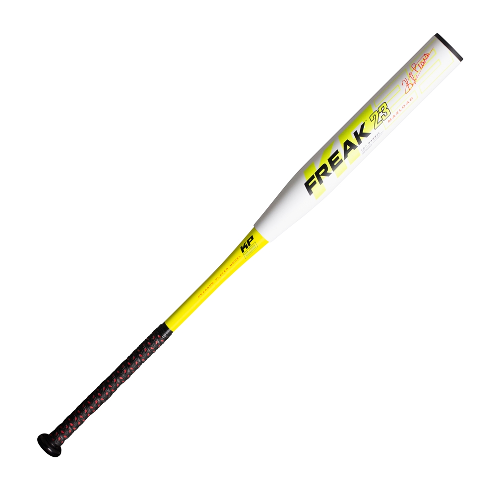 Kyle Pearson 2022 Freak 23 Maxload USSSA Slow pitch softball bat has a 12 inch barrel and USSSA certification. Kyle's signature max load weighting combined with a highly reactive barrel for players that prefer a short barrel for consistent power.   Kyle Pearson Signature Model 2-Piece Bat Construction 100% Composite Design (100COMP) Triple Matrix Core + F2P Technology End-Loaded Swing Weight (Maxload) 12 Barrel Length 2 1/4 Barrel Diameter Approved for 1.20 BPF USSSA, NSA, ISA One Year Manufacturer Warranty  The 2022 Kyle Pearson Freak 23 Maxload USSSA bat is engineered from premium aerospace grade fiber which offers legendary performance and durability. Its constructed with a 12-inch E-Flex 360 barrel, designed with our exclusive C-4 proprietary carbon fiber. As a result you'll get maximum flex, performance and durability across all 360° of the barrel. In addition, its new F4P handle improves the energy transfer from the handle to barrel to maximize barrel flex and give you more power. Its massive sweetspot and .5oz endload is ideal for players wanting more power and distance. This Freak bat get's Kyle Pearson's stamp of approval and features the new USSSA stamp to meet the new standard. From the moment you first swing it, you'll know this bat will help you dominate your USSSA league.   