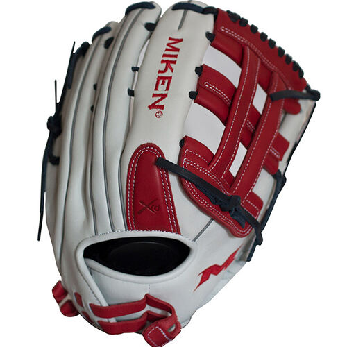 Miken Pro Series 13.5 slow pitch softball glove features soft, full-grain leather which provides improved shape retention and a great, game-ready feel. The Pro H Web pattern is an extremely strong web that provides ball snagging functionality, and the PORON XRD palm padding has been added to drastically reduce ball impact to your hand.