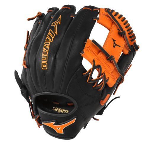 Mizuno 11.5 inch MVP Prime SE3 Baseball Glove GMVP1154PSE3 (Black-Orange, Right Hand Throw) : Patent pending Heel Flex Technology increases flexibility and closure. Center pocket design. Strong edge creates a more stable thumb and pinky. Smooth professional style. Oil Plus leather, the perfect balance of oiled softness for exceptional feel and firm control that serious players demand. Durable Steer soft palm liner. Matching outlined embroidered logo. Two tone lace.