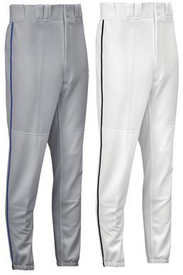 Material is 100% Polyester Double Knit (15 oz.) Features Tunnel-belt-loop waist. Fly front with extended two-snap closure. Two set-in back pockets with button closure. Double knee. Tight fit, Baseball specific cut. Ankle length.