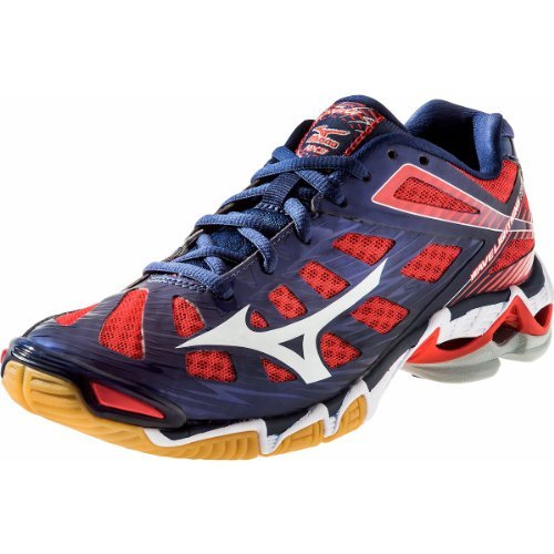 Mizuno 430168 Wave Lightning RX3 Women's Volleyball Shoes (NavyRed 11) : The Mizuno Wave Lightning RX3 Women's Volleyball Shoes are the latest edition of the extremely popular Wave Lightning RX line of women's volleyball shoes from Mizuno, featuring a new seamless upper design that provides a lighter, improved fit with unprecedented style. The Women's Wave Lightning RX3 features a refreshed design that weighs in at just 8.4 ounces and features Parallel Mizuno Wave technology to uniformly disperse shock throughout the sole, providing lightweight cushioning and enhanced stability on the court. An enhanced AP midsole provides increased redound and cushioning durability, while maintaining lightweight performance that volleyball players demand. The Wave Lightning RX3 Women's Volleyball Shoes also feature Dynamotion Fit technology to relieve the stress the foot naturally places on footwear, eliminating distortion for the perfect fit. New Dynamotion Groove technology in the outsole increases flexibility and agility on the court, while minimizing forefoot instability for ultimate performance. The improved midsole ventilation system reduces heat and humidity build-up inside the shoe for superior comfort and performance. The Women's Wave Lightning RX3 also features a suspension system which connects the Wave plate to the ground, enhancing stability and traction, while an enhanced outsole rubber provides improved traction and flexibility. The Wave Lightning RX3 continues to provide the ultimate in performance and comfort on the court.
