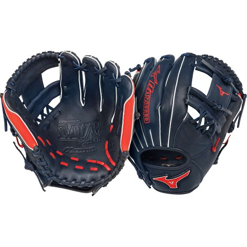 Mizuno MVP Prime Baseball Glove. Mizuno MVP Prime SE Baseball Glove 11.5 inch Baseball Glove GMVP1154PSE2. This Glove Features Center Pocket design, Strong Edge creates a more stable thumb and pinky. Smooth professional style Oil Plus leather - perfect balance of oiled softness for exceptional feel and firm control that serious players demand. Durable SteerSoft Palm Liner, Matching outlined embroidered logo. Plus grip thumb for exceptional comfort. 11.5 inch Infield Pattern. Deep 3 Web. Navy Red.