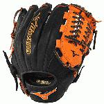 Mizuno GMVP1177PSE3 Baseball Glove 11.75 inch (Black-Orange, Right Hand Throw) : Patent pending Heel Flex Technology increases flexibility and closure. Center pocket design. Strong edge creates a more stable thumb and pinky. Smooth professional style. Oil Plus leather, the perfect balance of oiled softness for exceptional feel and firm control that serious players demand. Durable Steer soft palm liner. Matching outlined embroidered logo. Two tone lace