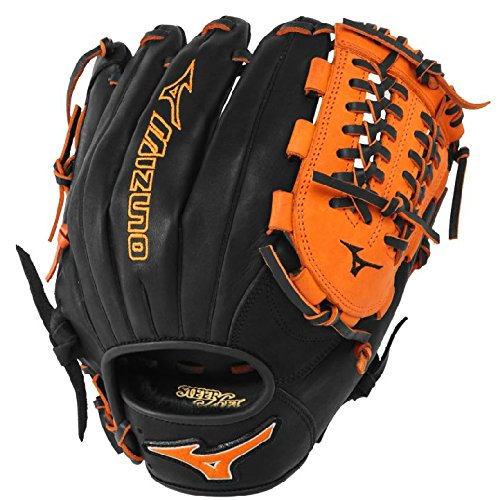 Mizuno GMVP1177PSE3 Baseball Glove 11.75 inch (Black-Orange, Right Hand Throw) : Patent pending Heel Flex Technology increases flexibility and closure. Center pocket design. Strong edge creates a more stable thumb and pinky. Smooth professional style. Oil Plus leather, the perfect balance of oiled softness for exceptional feel and firm control that serious players demand. Durable Steer soft palm liner. Matching outlined embroidered logo. Two tone lace