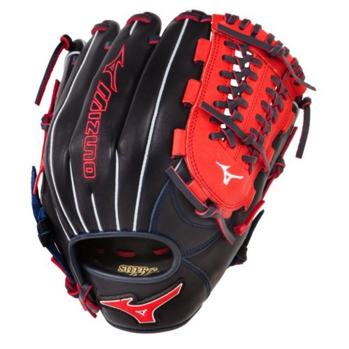 Mizuno GMVP1177PSE3 Baseball Glove 11.75 inch (Navy-Red, Right Hand Throw) : Patent pending Heel Flex Technology increases flexibility and closure. Center pocket design. Strong edge creates a more stable thumb and pinky. Smooth professional style. Oil Plus leather, the perfect balance of oiled softness for exceptional feel and firm control that serious players demand. Durable Steer soft palm liner. Matching outlined embroidered logo. Two tone lace