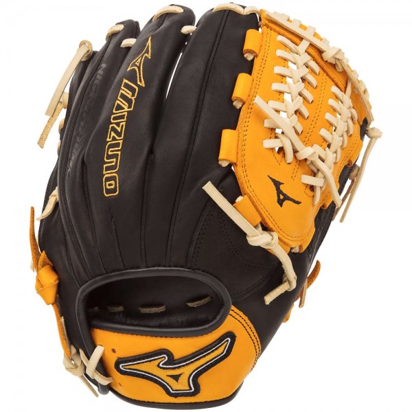 11.75 Inch Pattern Bio Soft Leather - Pro-Style Smooth Leather That Balances Oil and Softness with Firm Control Center Pocket Design - Naturally Centers the Pocket Under the Index Finger for the Perfect Break-In Colorway Black Gold Conventional Open Back Heel Flex Technology - Creates A More Flexible Forgiving Heel for Ultimate Feel and Performance Infield Pitcher Model Plus Grip Thumb - Ultra Comfortable Padded Thumb Slot Professional Level Lace - Same High-Quality Laces Offered in Mizuno Pro Gloves Strong Edge Lace Design - Adds Stability to Thumb and Pinky Stall to Increase Longevity Tartan Shock Web Ultra Soft Palm Liner - Soft Finish for Excellent Feel