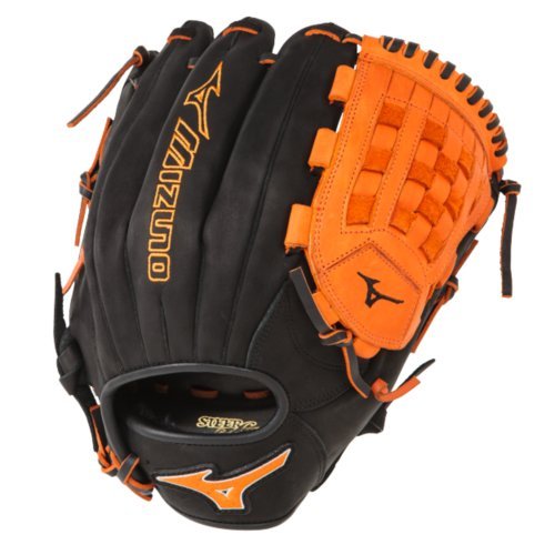 Mizuno GMVP1200PSE3 MVP Prime Baseball Glove 12 inch (Black-Orange, Right Hand Throw) : Patent pending Heel Flex Technology increases flexibility and closure. Center pocket design. Strong edge creates a more stable thumb and pinky. Smooth professional style. Oil Plus leather, the perfect balance of oiled softness for exceptional feel and firm control that serious players demand. Durable Steer soft palm liner. Matching outlined embroidered logo. Two tone lace.