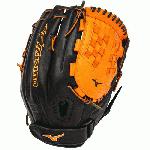 Mizuno GMVP1250PSEF3 Fastpitch Softball Glove 12.5 inch (Black-Orange, Right Hand Throw) : Patent pending Heel Flex Technology increases flexibility and closure. Center pocket design. Strong edge creates a more stable thumb and pinky. Smooth professional style. Oil Plus leather, the perfect balance of oiled softness for exceptional feel and firm control that serious players demand. Durable Steer soft palm liner. Matching outlined embroidered logo. Two tone lace.