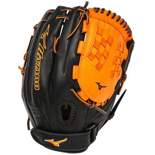 Mizuno GMVP1250PSEF3 Fastpitch Softball Glove 12.5 inch (Black-Orange, Right Hand Throw) : Patent pending Heel Flex Technology increases flexibility and closure. Center pocket design. Strong edge creates a more stable thumb and pinky. Smooth professional style. Oil Plus leather, the perfect balance of oiled softness for exceptional feel and firm control that serious players demand. Durable Steer soft palm liner. Matching outlined embroidered logo. Two tone lace.