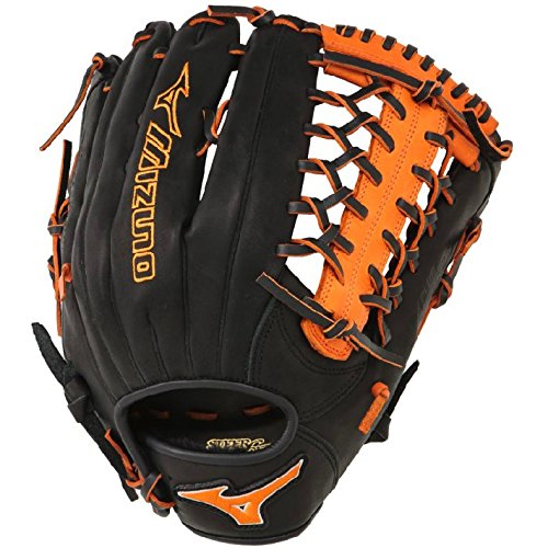 Mizuno GMVP1277PSE3 MVP Prime Baseball Glove 12.75 inch (Black-Orange, Right Hand Throw) : Patent pending Heel Flex Technology increases flexibility and closure. Center pocket design. Strong edge creates a more stable thumb and pinky. Smooth professional style. Oil Plus leather, the perfect balance of oiled softness for exceptional feel and firm control that serious players demand. Durable Steer soft palm liner. Matching outlined embroidered logo. Two tone lace.