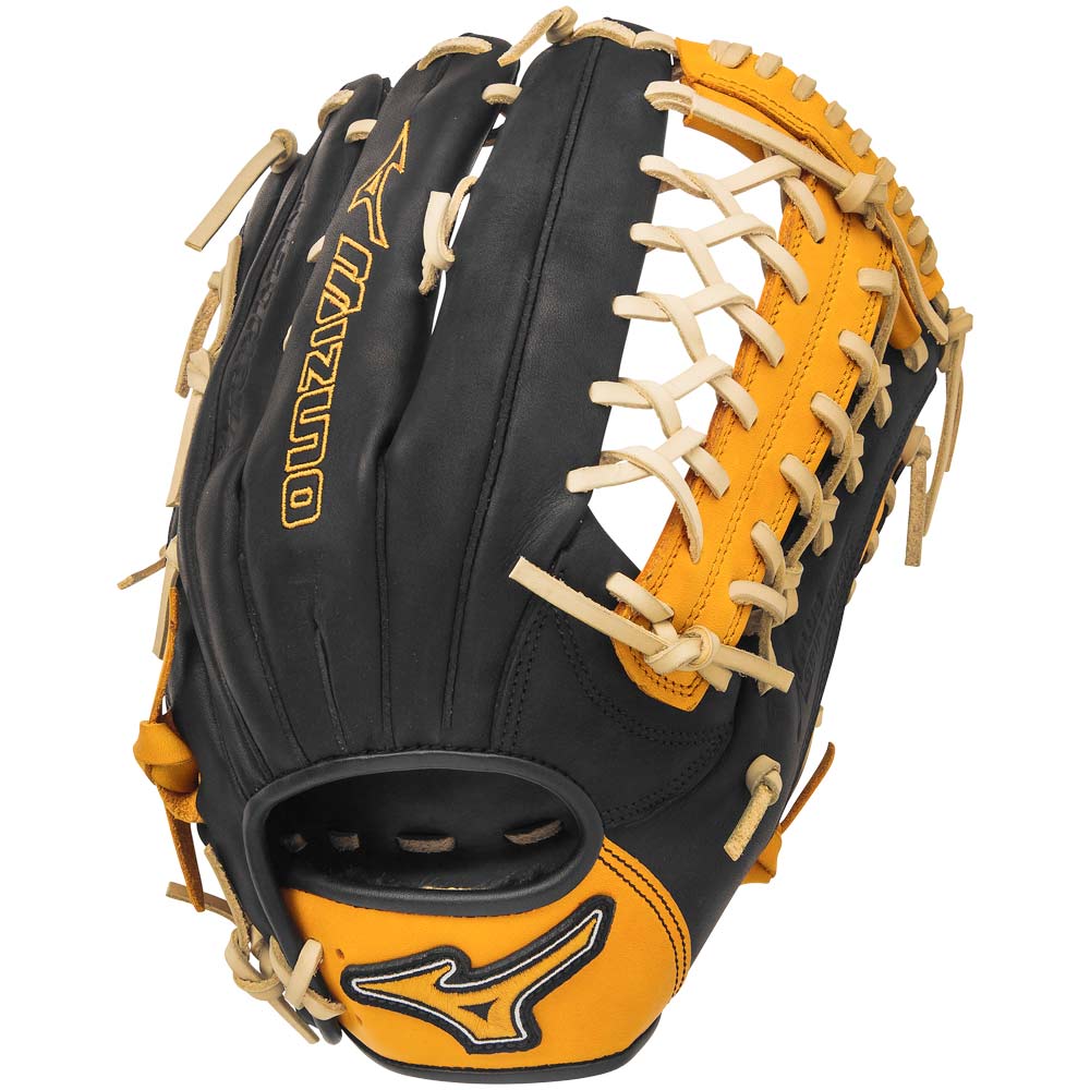 12.75 Inch Pattern Bio Soft Leather - Pro-Style Smooth Leather That Balances Oil and Softness with Firm Control Center Pocket Design - Naturally Centers the Pocket Under the Index Finger for the Perfect Break-In Colorway Black Gold Conventional Open Back Heel Flex Technology - Creates A More Flexible Forgiving Heel for Ultimate Feel and Performance Ideal for Outfield Play Plus Grip Thumb - Ultra Comfortable Padded Thumb Slot Professional Level Lace - Same High-Quality Laces Offered in Mizuno Pro Gloves Shock 2 Web Strong Edge Lace Design - Adds Stability to Thumb and Pinky Stall to Increase Longevity Ultra Soft Palm Liner - Soft Finish for Excellent Feel