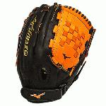 Mizuno GMVP1300PSEF3 Fastpitch Softball Glove 13 inch (Black-Orange, Right Hand Throw) : Patent pending Heel Flex Technology increases flexibility and closure. Center pocket design. Strong edge creates a more stable thumb and pinky. Smooth professional style. Oil Plus leather, the perfect balance of oiled softness for exceptional feel and firm control that serious players demand. Durable Steer soft palm liner. Matching outlined embroidered logo. Two tone lace.