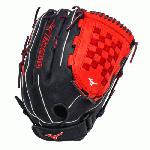 Mizuno GMVP1400PSES3 Slowpitch Softball Glove 14 inch (Navy-Red, Right Hand Throw) : Patent pending Heel Flex Technology increases flexibility and closure. Center pocket design. Strong edge creates a more stable thumb and pinky. Smooth professional style. Oil Plus leather, the perfect balance of oiled softness for exceptional feel and firm control that serious players demand. Durable Steer soft palm liner. Matching outlined embroidered logo. Two tone lace.