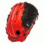 Mizuno GMVP1400PSES3 Slowpitch Softball Glove 14 inch (Red-Black, Right Hand Throw) : Patent pending Heel Flex Technology increases flexibility and closure. Center pocket design. Strong edge creates a more stable thumb and pinky. Smooth professional style. Oil Plus leather, the perfect balance of oiled softness for exceptional feel and firm control that serious players demand. Durable Steer soft palm liner. Matching outlined embroidered logo. Two tone lace.